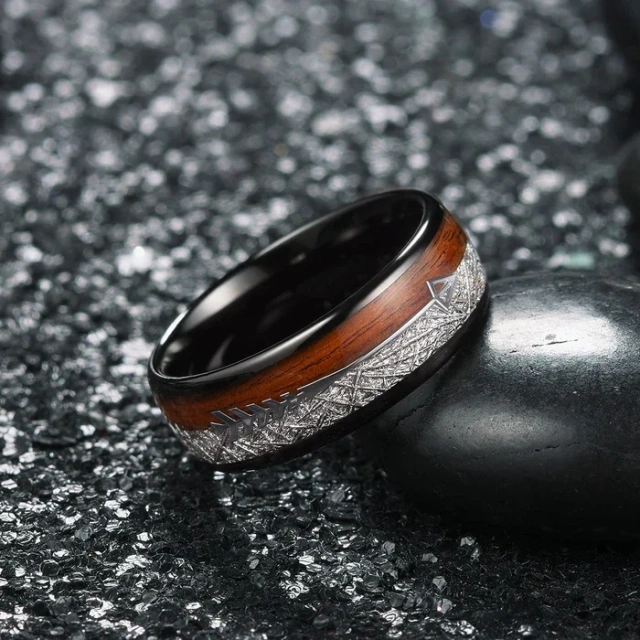 Domed High Polished 8mm Tungsten Rings Silver Meteorite Sticker Wood&Arrow Inlay Tungsten Carbide Men Rings Wedding Band