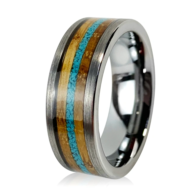Ouyuan Jewelry 8mm Gunmetal Tungsten Ring for Men Women Crushed Turquoise Koa Wood Inlay Fashion Engagement Wedding Band
