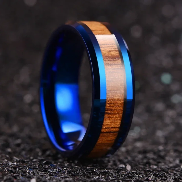 Wholesale Custom Fashion Rings 8mm Beveled Polished Mexican Acacia Wood Inlay Blue Tungsten Rings for Men Wedding Band