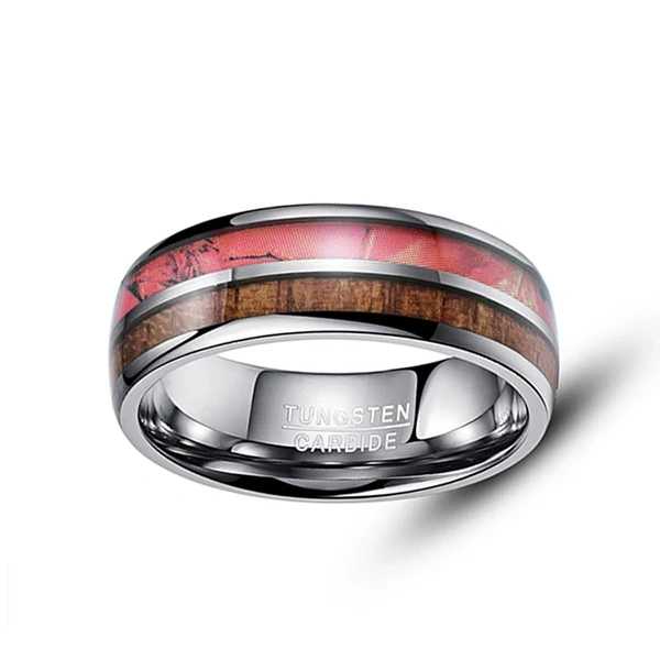 Factory Direct Sales Silver 8mm Tungsten Carbide Finger Ring Koa Wood Inlay Couple Engagement Wedding Bands