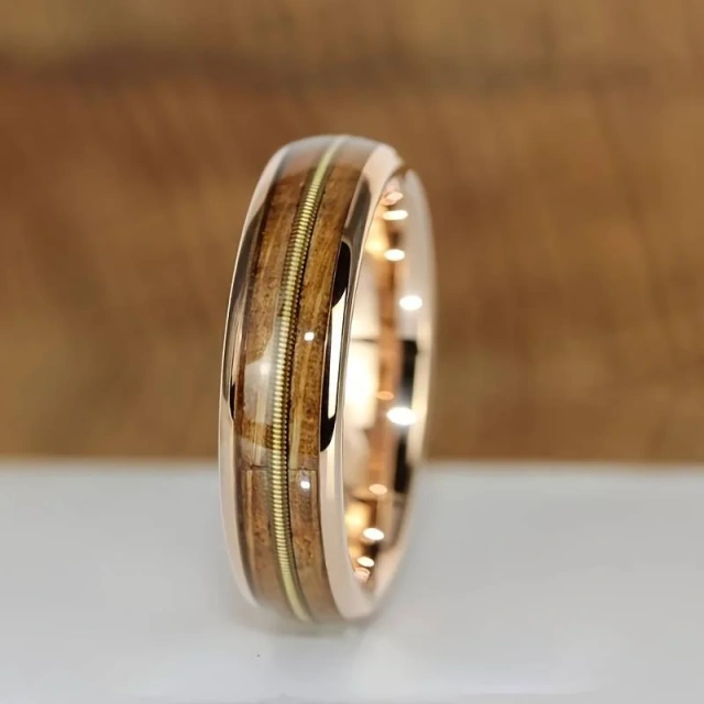 New Rose Gold Tungsten Guitar String Ring Wood Inlay Ring for Men Wedding Band