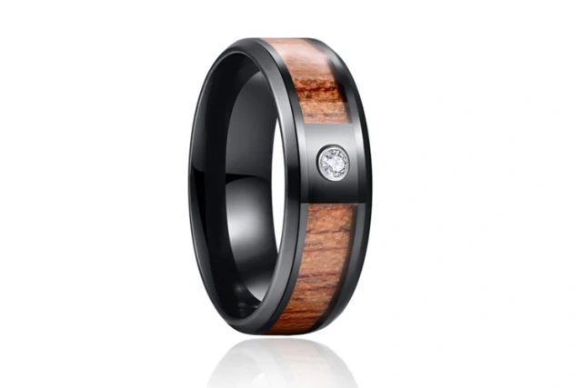 Guangzhou Fine Jewelry 8mm Tungsten Carbide Steel Men Ring Kao Wood CZ Stone Inlay Ring Wedding Rings Couple Set