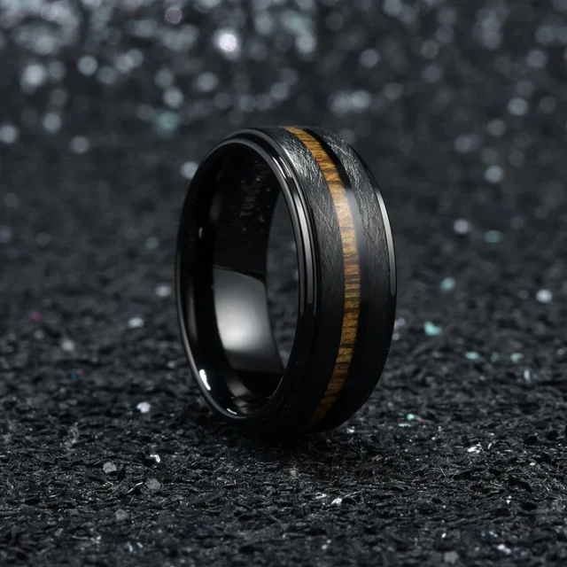 Fashion Jewelry Custom 8mm Stepped Edge Irregularly Brushed Center Teak Wood Inlay Black Tungsten Ring for Men Rings