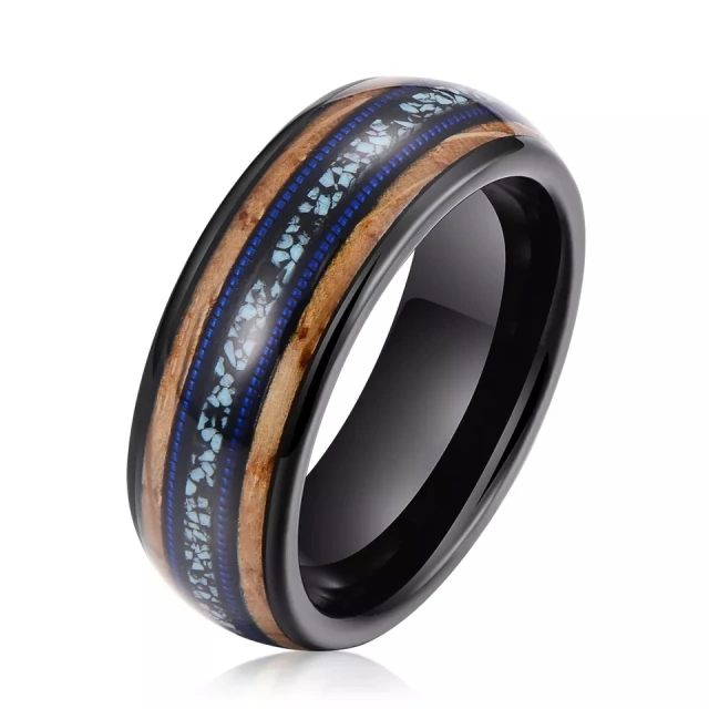 8mm Whisky Wood Guitar String Opal Inlay Rose Gold Tungsten Ring Men Women Fashion Engagement Wedding Band