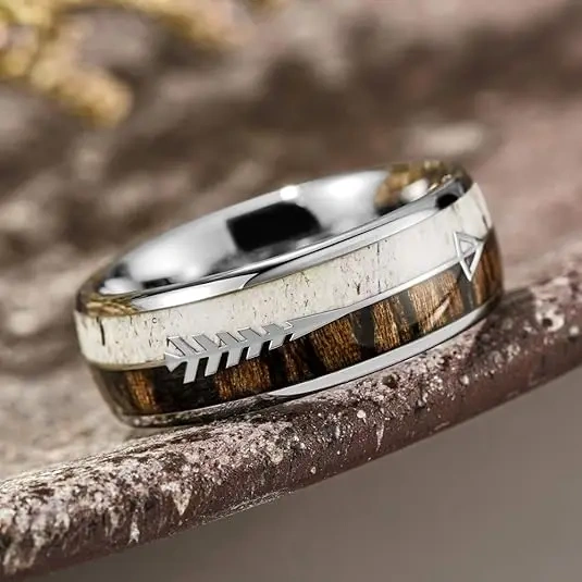 Wholesale Price Custom Tungsten Carbide Band 8mm Arrow Wooden Wedding Ring Natural Antler Tungsten Ring Jewelry for Men