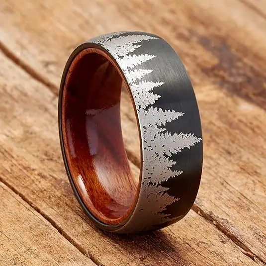 Ouyuan Jewelry Tungsten Ring 8mm Rose Gold Plated Whisky Wood Sleeve Inlay Black Brushed Laser Tree Wedding Band for Men