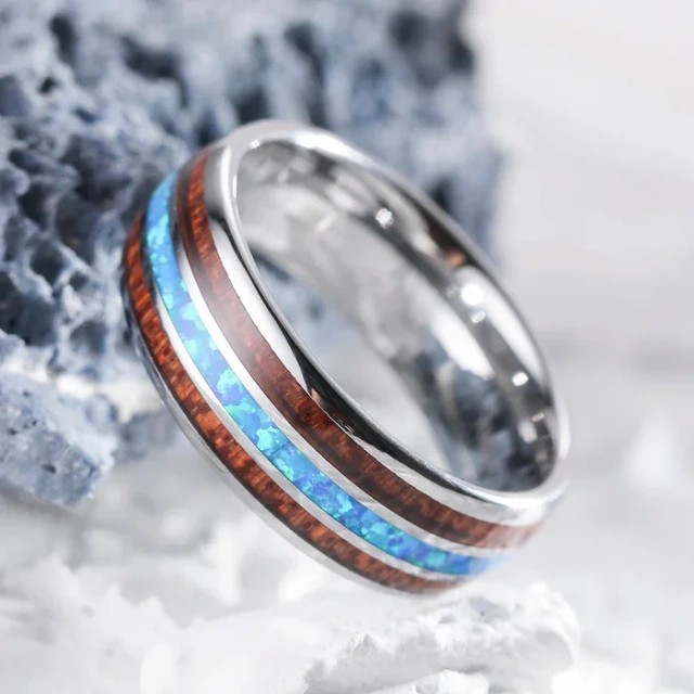 High Polished Domed Style 8mm Silver Tungsten Ring for Women Men Blue Opal Mahogany Wood Inlay Fashion Jewelry