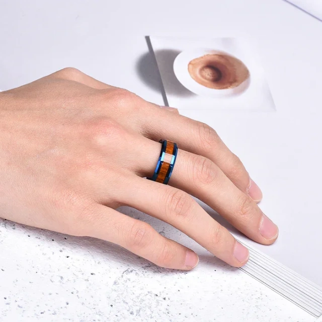 Wholesale Custom Fashion Rings 8mm Beveled Polished Mexican Acacia Wood Inlay Blue Tungsten Rings for Men Wedding Band