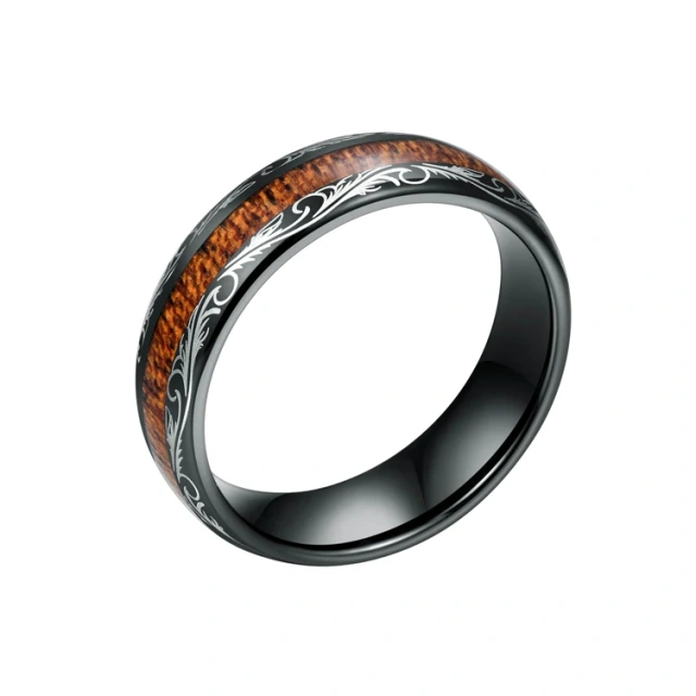 8MM Black Brushed Tungsten Carbide Wood Ring Wedding Ring Couple Set Rings