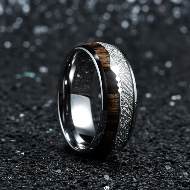 Domed High Polished 8mm Tungsten Rings Silver Meteorite Sticker Wood & Arrow Inlay Tungsten Carbide Men Rings Wedding Band