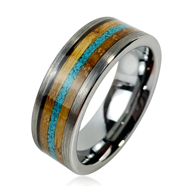 Ouyuan Jewelry 8mm Gunmetal Tungsten Ring for Men Women Crushed Turquoise Koa Wood Inlay Fashion Engagement Wedding Band