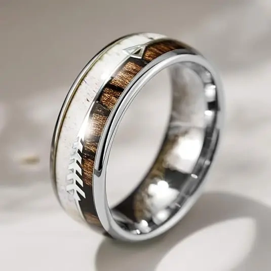 Wholesale Price Custom Tungsten Carbide Band 8mm Arrow Wooden Wedding Ring Natural Antler Tungsten Ring Jewelry for Men