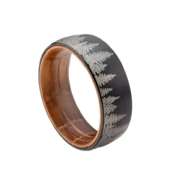 Customizable 6mm 8mm Tungsten Carbide Wedding Engagement Rings Trendy Forest Pattern Whiskey Barrel Wood Ring Sleeve for Parties
