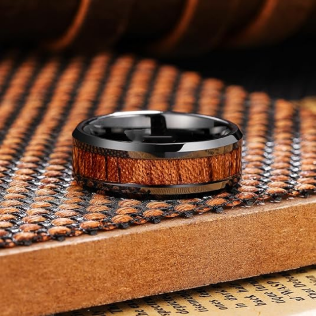 Fashion Jewelry 8mm Nature Koa Wood Inlay Black Tungsten Ring for Men Wedding Ring High Polished Anniversary Rings