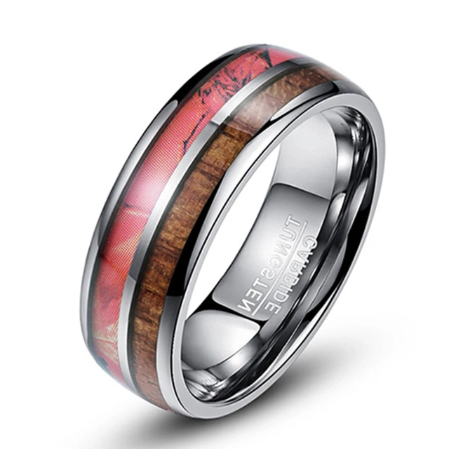 Factory Direct Sales Silver 8mm Tungsten Carbide Finger Ring Koa Wood Inlay Couple Engagement Wedding Bands
