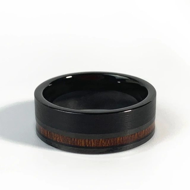 8mm Mens Wedding Black Tungsten Ring With Wood Offset Inlaid
