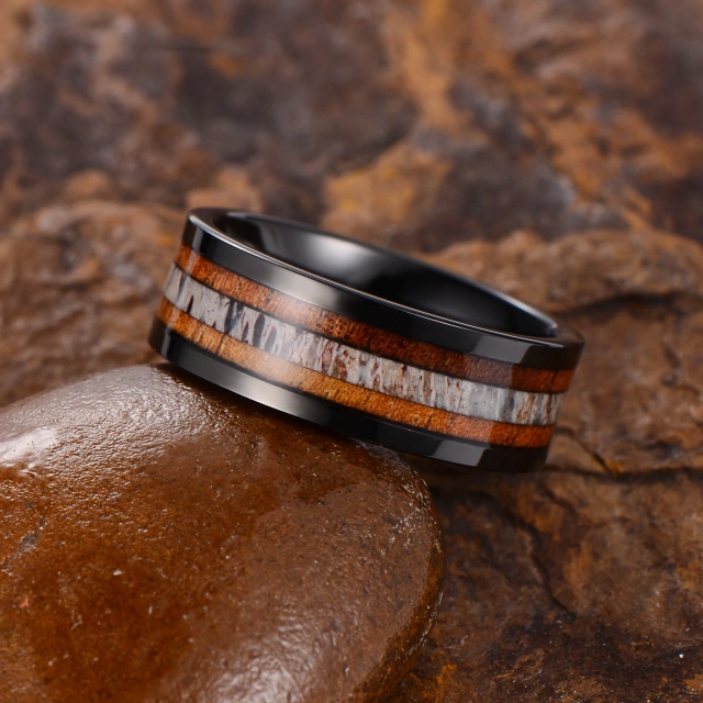 8mm Black Tungsten Ring for Men Women Whisky Barrel Wood Deer Antler Inlay Classic Wedding Band Fashion Jewelry Engagement Party