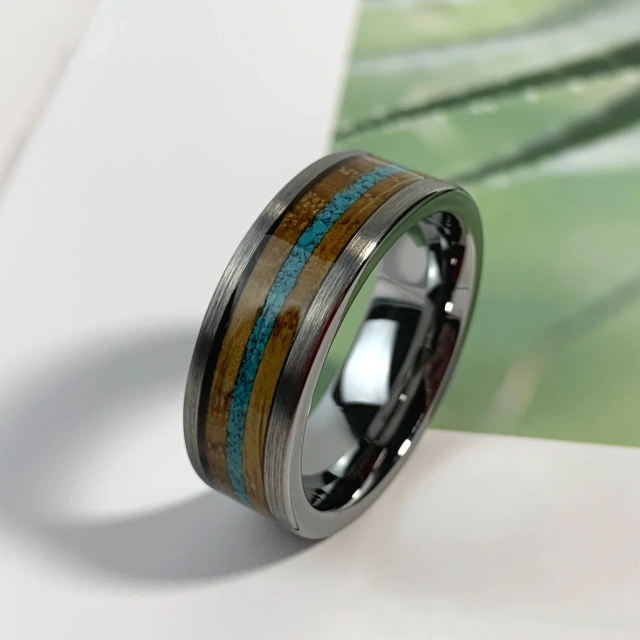 Ouyuan Jewelry 8mm Gunmetal Tungsten Ring for Men Women Crushed Turquoise Koa Wood Inlay Fashion Engagement Wedding Band