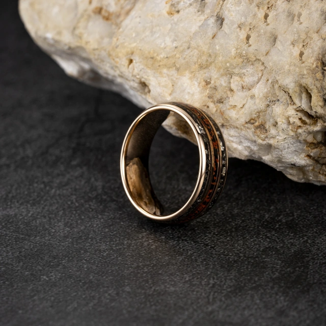 RTS Custom Wedding Band Rose Gold Tungsten Carbide Ring With Meteorite Dinosaur Bone Inlay