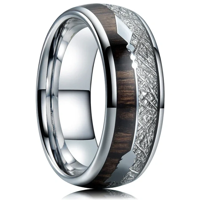 Domed High Polished 8mm Tungsten Rings Silver Meteorite Sticker Wood & Arrow Inlay Tungsten Carbide Men Rings Wedding Band