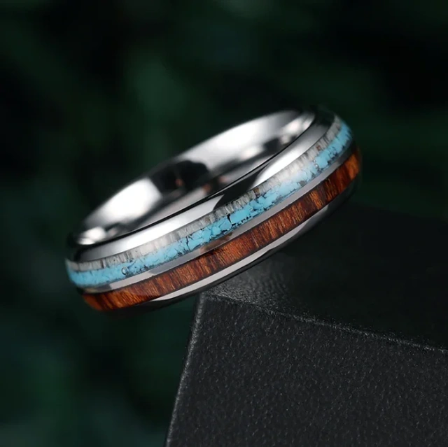 Wholesale 6mm Fine Jewelry Rings Antler Wood Opal Inlay Tungsten Ring Men Women Engagement Wedding Band