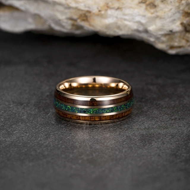 Hot Sale Fashion Jewelry Rings Custom  Rose Gold 8mm Natural Wood Opal Inlay Tungsten Ring for Men Rings comfort Fit