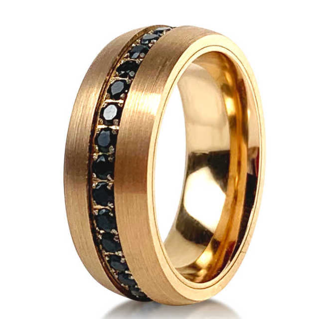 Brushed Finished Inlay Black Zircon Tungsten Ring Gold Plated 24K Fashion Jewelry Wedding Rings Couple Set