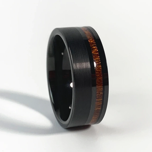 8mm Mens Wedding Black Tungsten Ring With Wood Offset Inlaid