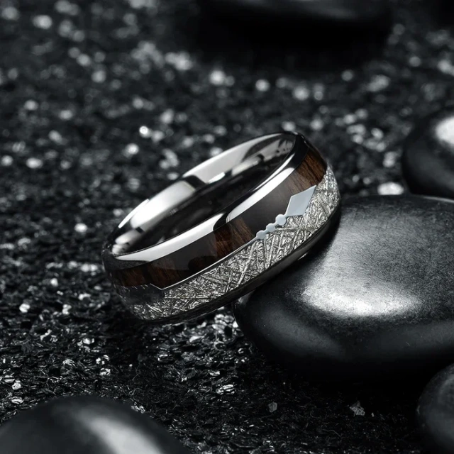 Domed High Polished 8mm Tungsten Rings Silver Meteorite Sticker Wood & Arrow Inlay Tungsten Carbide Men Rings Wedding Band