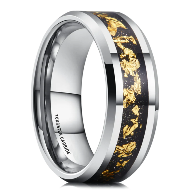 Fashion Jewelry 8mm Meteorite and Gold Leaf Ring Inlay Silver Gold Tungsten Ring for Men Women Fashion Wedding Engagement Band