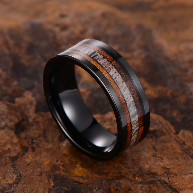8mm Black Tungsten Ring for Men Women Whisky Barrel Wood Deer Antler Inlay Classic Wedding Band Fashion Jewelry Engagement Party
