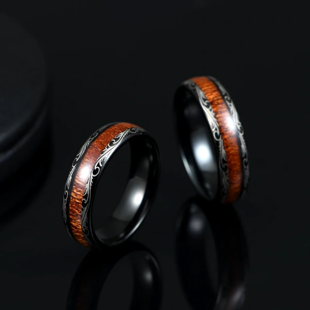 8MM Black Brushed Tungsten Carbide Wood Ring Wedding Ring Couple Set Rings