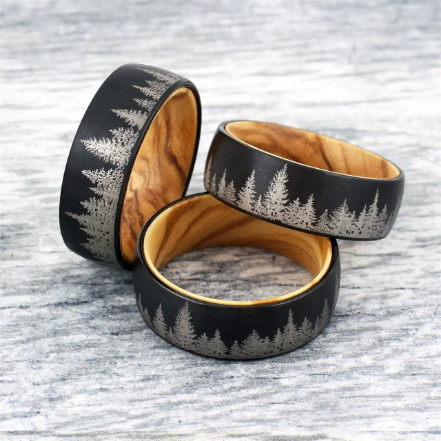 Customizable 6mm 8mm Tungsten Carbide Wedding Engagement Rings Trendy Forest Pattern Whiskey Barrel Wood Ring Sleeve for Parties