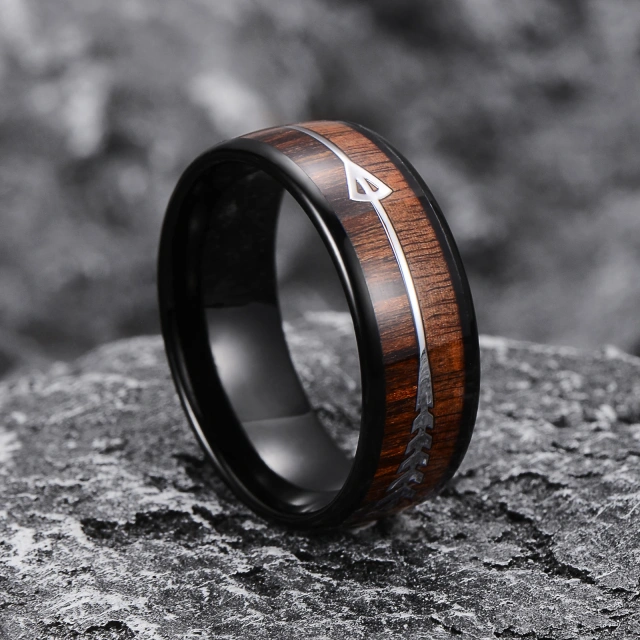 Factory Direct Sales  Wholesale Jewelry Rings 8mm Koa Wood Arrow Inlay Black Tungsten Ring for Men Rings Comfort Fit