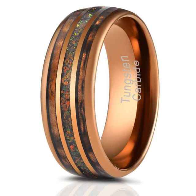 China Factories Koa Wood Blue Fire Opal Men Tungsten Rings for Women Wed Tungsten Brand Ring Black comfort Fit