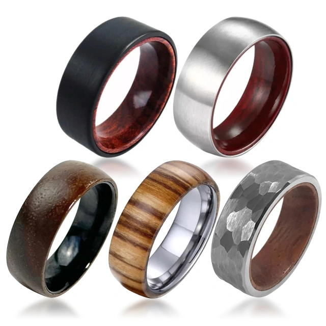 Best Price Fashionable Tungsten Steel Ring 8mm High Quality Brushed Center Inlaid Whiskey Barrel Wood Beveled Edges Number Shape