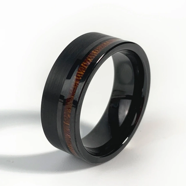8mm Mens Wedding Black Tungsten Ring With Wood Offset Inlaid