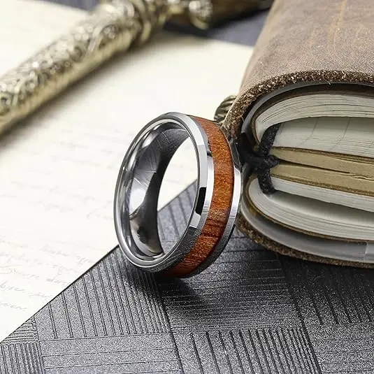 Fashion Jewelry 8mm Nature Koa Wood Inlay Black Tungsten Ring for Men Wedding Ring High Polished Anniversary Rings
