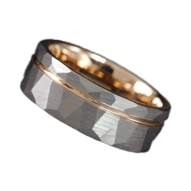 8mm Vintage Tungsten Carbide Band for Men Rose Gold Hammered Comfort Fit Ring with Inlay Geometric Shape and Gold Plating