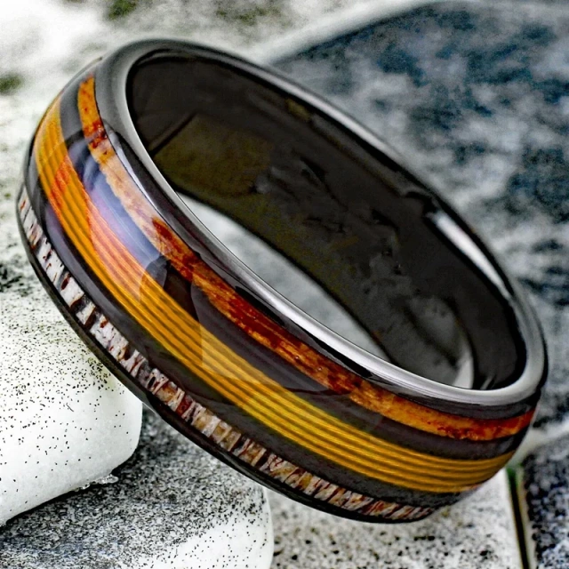 Fashion Yellow Fishing Line Ring With Elk Antler and Makore Wood Tungsten Carbide Blank Ring for Men