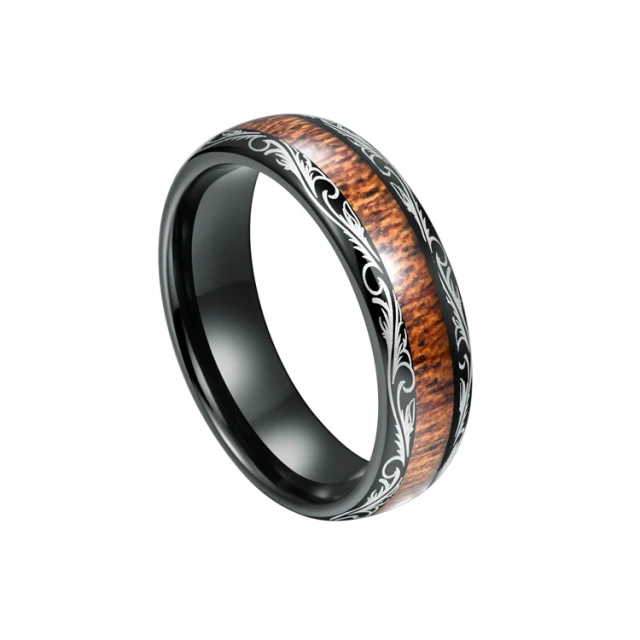 8MM Black Brushed Tungsten Carbide Wood Ring Wedding Ring Couple Set Rings
