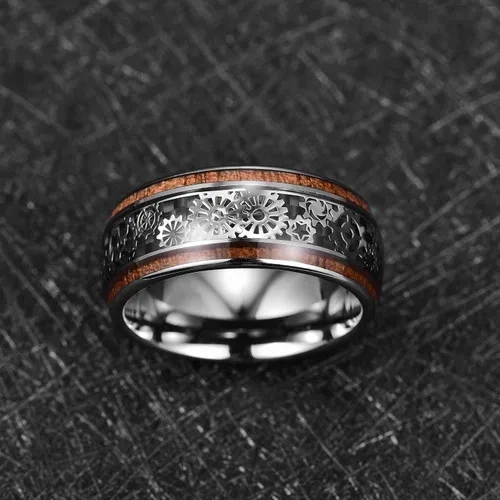 New Rings Silver Plated Inlay Gear and Wooden for Men's Jewelry Tungsten Carbide Rings