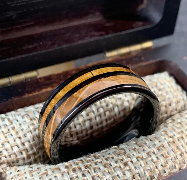 Personalized Ring 8mm Whisky Koa Wood Tungsten Carbide Ring for Men Women Engagement Wedding Band Comfort Fit
