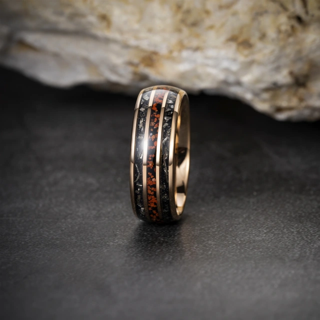 RTS Custom Wedding Band Rose Gold Tungsten Carbide Ring With Meteorite Dinosaur Bone Inlay