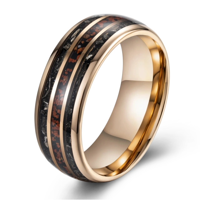 8MM Inlay Dinosaur Stone Meteorites Mens Womens 18K Rose Gold Tungsten Carbide Ring Rings for Men Fashion Jewelry Rings
