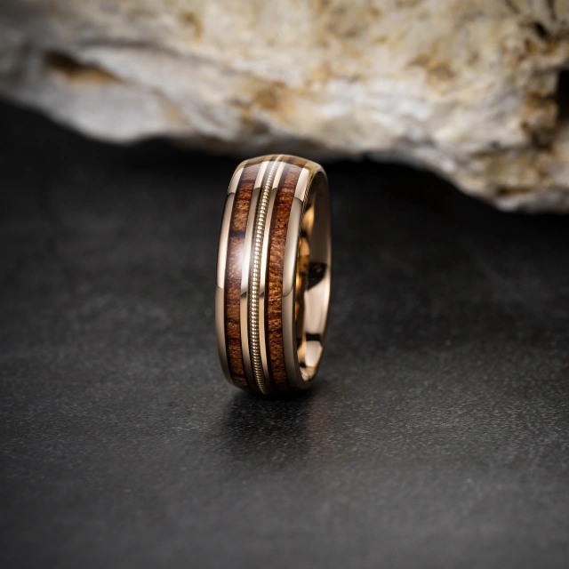 Wholesale Price Domed 8mm Guitar String Koa Wood Tungsten Ring Mens Ring Rose Gold Tungsten Fashion Tungsten Ring