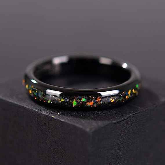 4mm Black High Polished Tungsten Wedding Bands Classic Style Inlay Opal Mens & Womens Ring Jewelry for Engagement