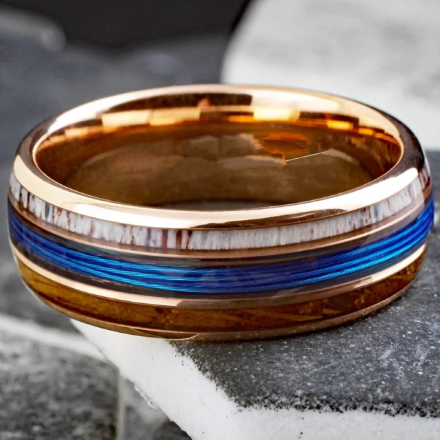 Koa Blue Fishing Lines Crushed Abalone Shell Black Plated Tungsten Ring