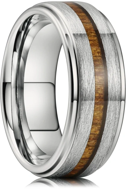 Jewelry Rings Custom 8mm Irregularly Brushed Center Teak Wood Inlay Silver Tungsten Ring Brand for Men Rings