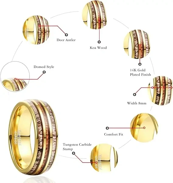 Men Luxury Ring 8mm Vintage Style Antler Wedding Band Men Tungsten Carbide Ring With groove Inlay Antler and Wood Comfort Fit